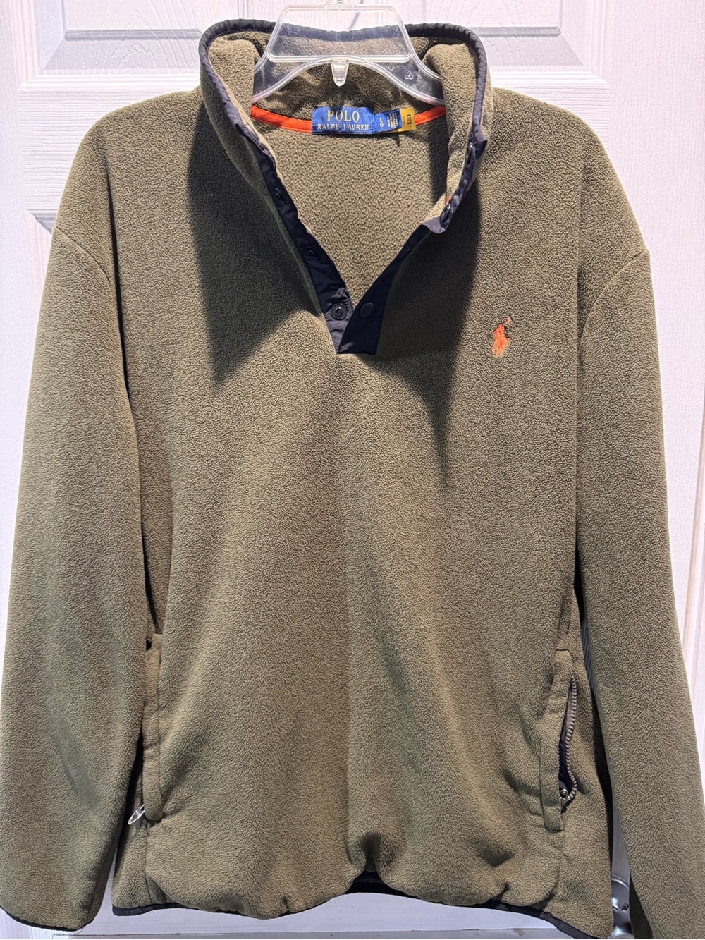 Ralph Lauren Olive Green Zip-Front Fleece Pullover with Orange Pony
